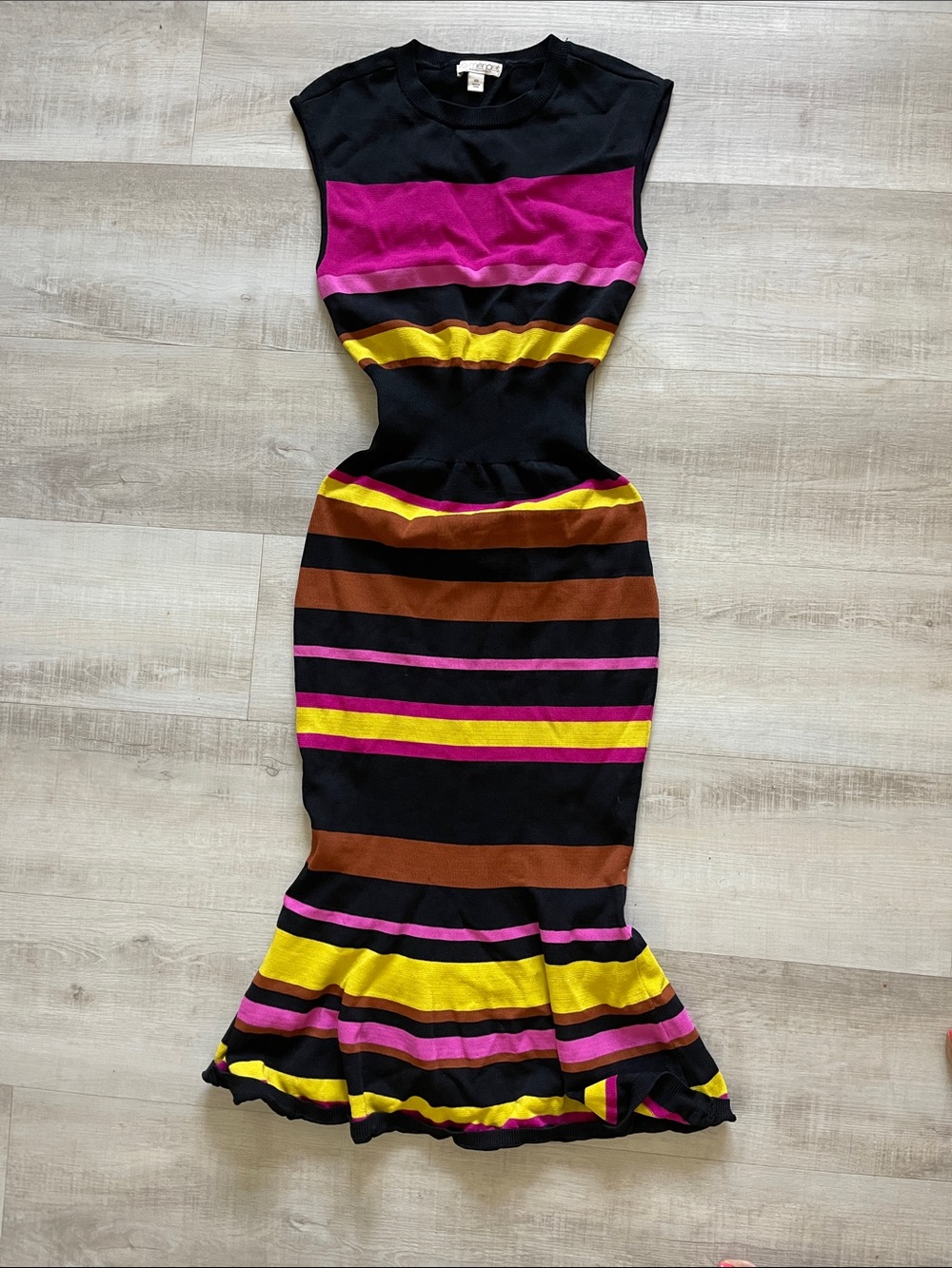 Sleeveless Striped Midi Dress in Black, Pink & Yellow